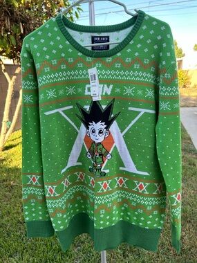 Green Anime hunter x hunter Crewneck Sweater with Orange & White Accents